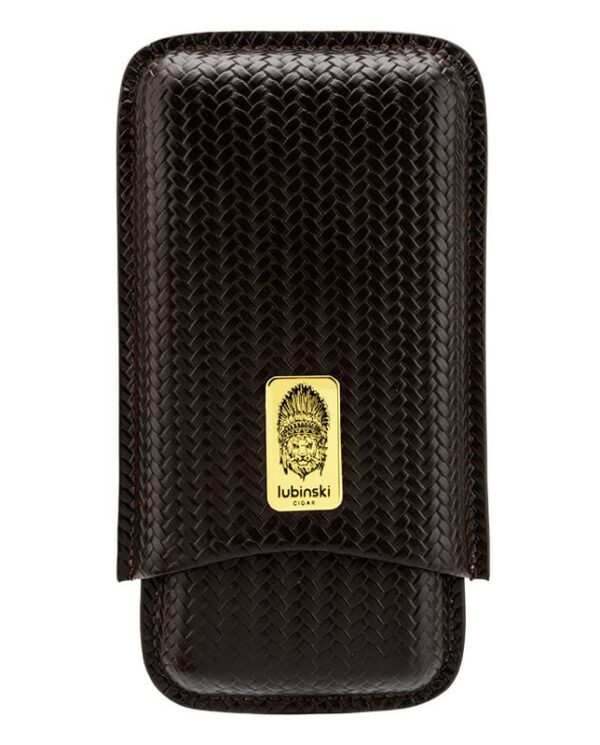 Black woven leather wallet with a curved flap and a gold crest badge on the front (Lubinski brand).