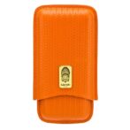 Orange textured leather cigar case with a flap and gold Lubinski emblem in the center.