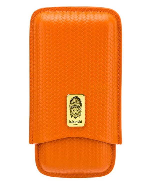 Orange textured leather cigar case with a flap and gold Lubinski emblem in the center.