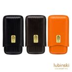 Three textured leather cigar cases in black, dark brown, and orange with a gold Lubinski logo on the front.