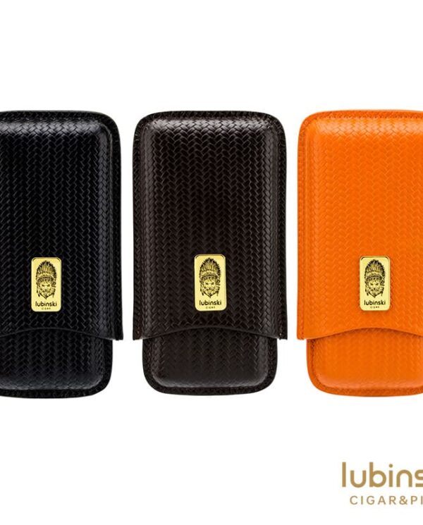 Three textured leather cigar cases in black, dark brown, and orange with a gold Lubinski logo on the front.