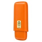 Orange leather cigar case with a woven texture and a gold Lubinski logo plaque on the front