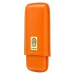 Orange leather cigar case with a woven texture and a gold Lubinski logo plaque on the front