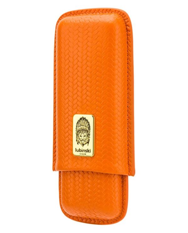 Orange leather cigar case with a woven texture and a gold Lubinski logo plaque on the front
