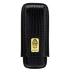 Black woven leather cigar case with a gold Lubinski logo emblem on the front, designed for travel or storage.