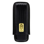Black woven leather cigar case with a gold Lubinski logo emblem on the front, designed for travel or storage.