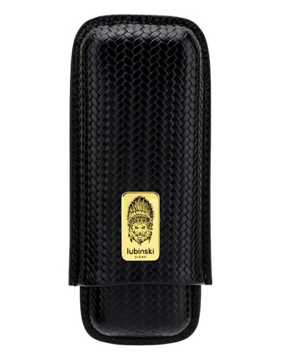 Black woven leather cigar case with a gold Lubinski logo emblem on the front, designed for travel or storage.