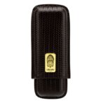 Black textured leather cigar case with gold logo plaque ( Lubinski CIGARS ) on front.