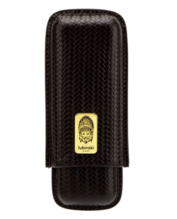 Black textured leather cigar case with gold logo plaque ( Lubinski CIGARS ) on front.