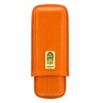 Orange textured leather cigar case with a gold logo plaque featuring a Native American headdress brand mark Lubinski Cigar