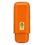 Orange textured leather cigar case with a gold logo plaque featuring a Native American headdress brand mark Lubinski Cigar