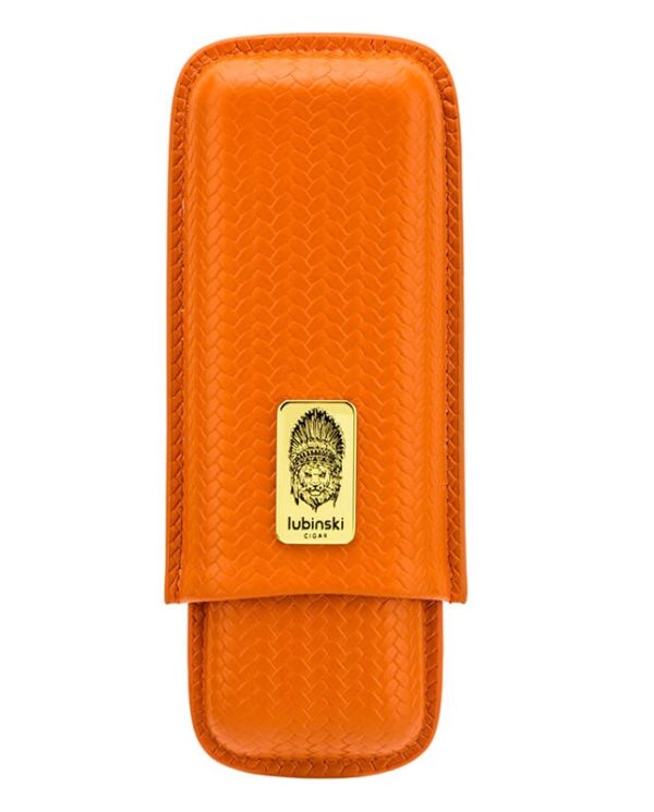 Orange textured leather cigar case with a gold logo plaque featuring a Native American headdress brand mark Lubinski Cigar