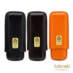 Set of three Lubinski leather-woven cigar/pipe cases in black, dark brown, and orange with gold logo plaques