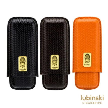 Black brown and orange LUBINSKI wheat-ear woven leather cases for two cigars