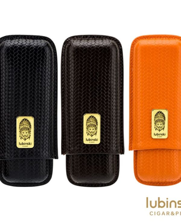 Set of three Lubinski leather-woven cigar/pipe cases in black, dark brown, and orange with gold logo plaques
