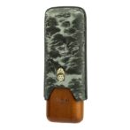 Lubinski cigar travel case with a green patterned sheath over a brown wooden base and a gold emblem.