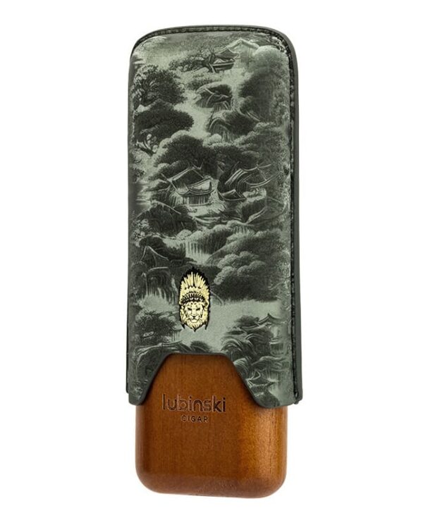 YJA-50029-04 Lubinski cigar travel case with a green patterned sheath over a brown wooden base and a gold emblem.