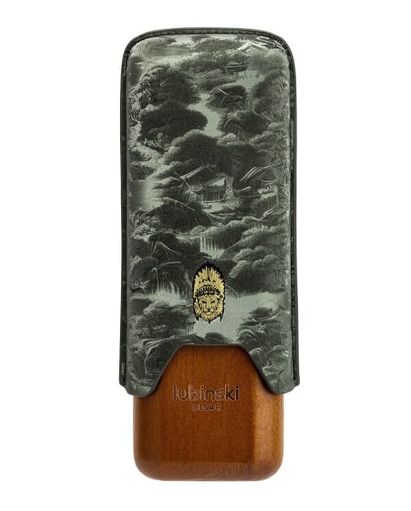 YJA-50029-05 Wooden Lubinski cigar base with a dark patterned sleeve and gold emblem on the front.
