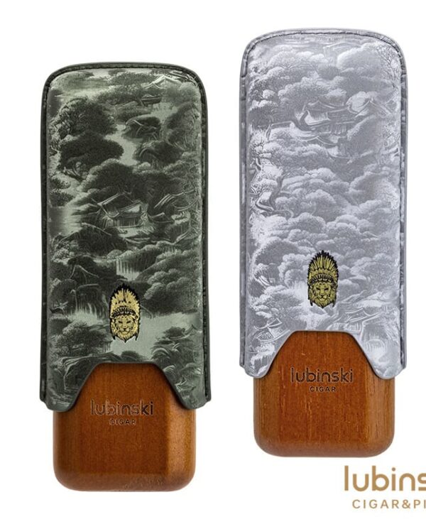 YJA-50029 Two Lubinski cigar cases with wood bottoms and patterned fabric covers in dark and light gray, displayed side by side