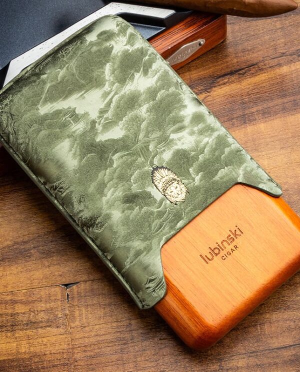 YJA-50030-01 Wooden cigar humidor with a green patterned sleeve and Lubinski Cigar branding on a wooden table.