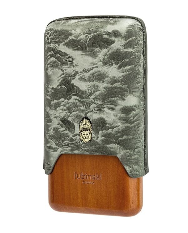 YJA-50030-04 Cigar lighter with a green embossed leather cover over a wooden base stamped with 'Lubinski Cigar'.