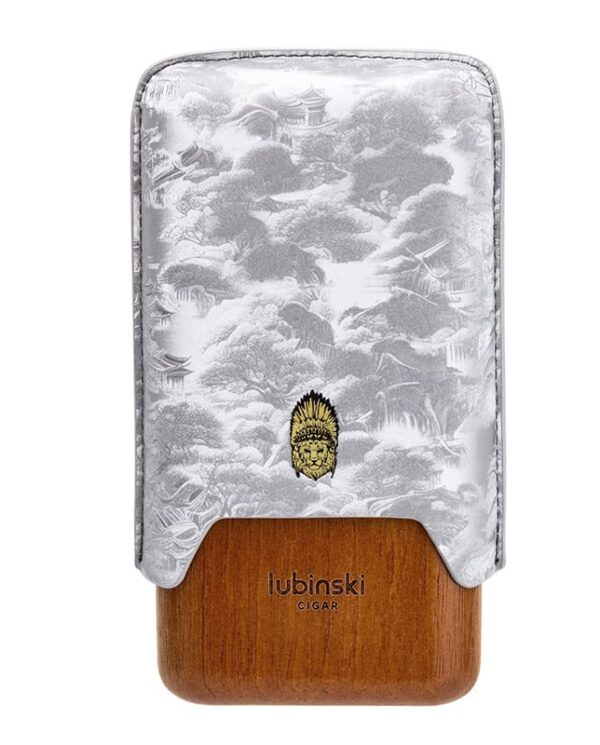 YJA-50030-05 Lubinski Cigar lighter/cigar accessory with a silver patterned lid and a wooden base, displaying the Lubinski Cigar logo.