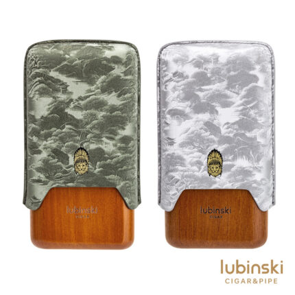 Green and white LUBINSKI landscape microfiber leather and cedar wood cases for three cigars
