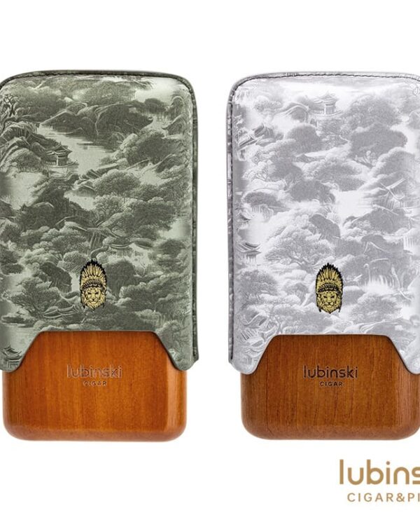 YJA-50030 Two Lubinski cigar accessories with leather-textured sleeves (green left, gray right) mounted on wooden bases, shown side by side with the Lubinski Cigar & Pipe logo.