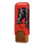 Lubinski cigar cutter with a red top and wooden base, featuring a black horse illustration.