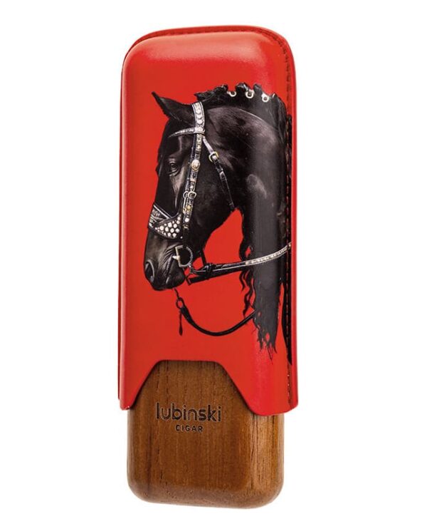 YJA-50031-04 Lubinski cigar cutter with a red top and wooden base, featuring a black horse illustration.