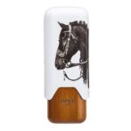Cigar lighter with a white cap showing a black horse illustration and a wooden lower section labeled Lubinski Cigar.