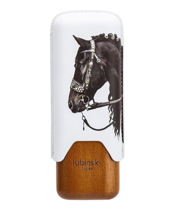 YJA-50031-05 Cigar lighter with a white cap showing a black horse illustration and a wooden lower section labeled Lubinski Cigar.