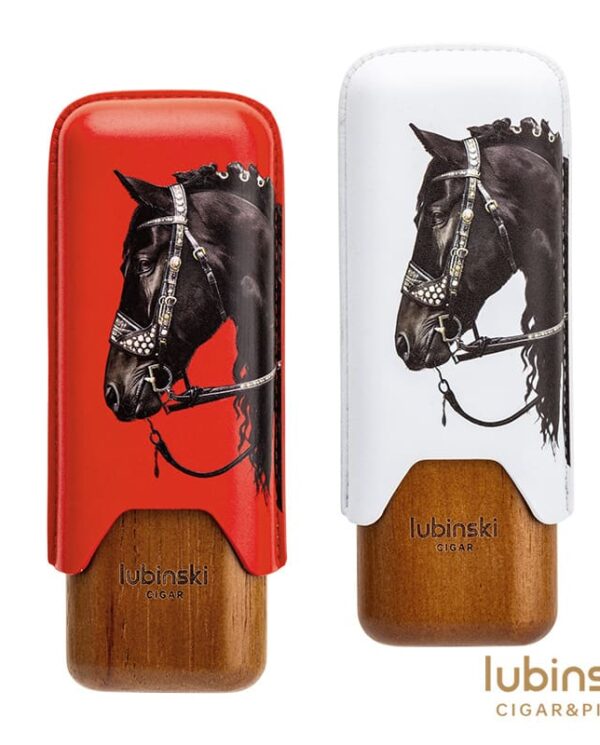 YJA-50031 Two Lubinski cigar humidors with horse head artwork, red lid on the left and white lid on the right, wooden bases, logo visible at bottom-right.