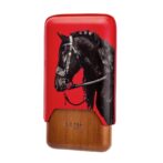 Cigar case with red leather front and wooden bottom, featuring a black horse head with an ornate bridle.