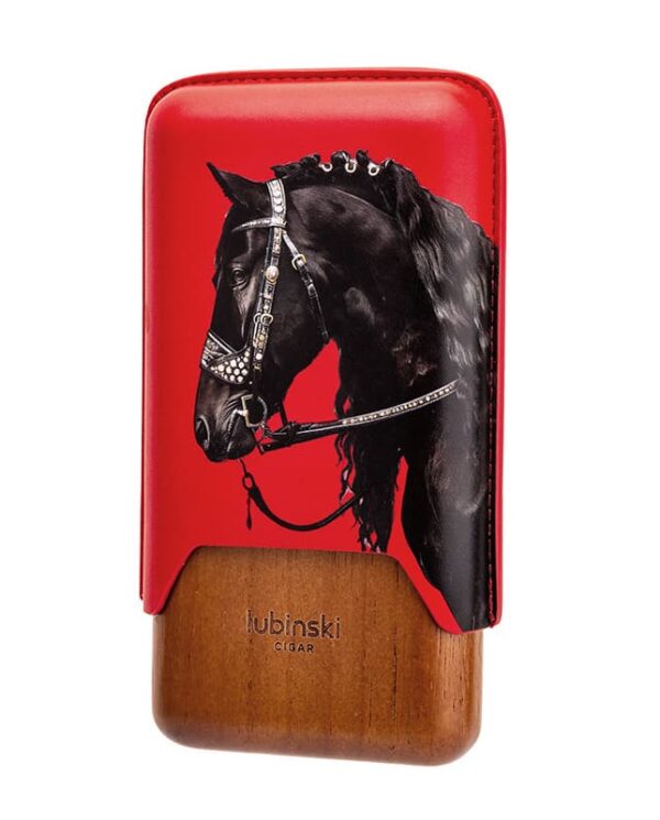 YJA-50032-04 Cigar case with red leather front and wooden bottom, featuring a black horse head with an ornate bridle.