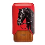 Red lighter with a black horse illustration on the red body and a wooden base, branded Lubinski Cigar on the wood