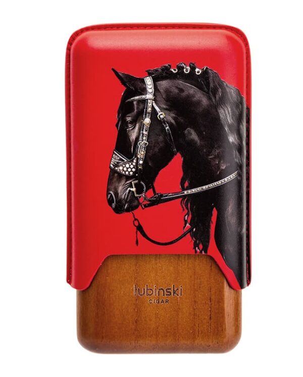 YJA-50032-05 Red lighter with a black horse illustration on the red body and a wooden base, branded Lubinski Cigar on the wood