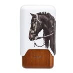 Slim rectangular lighter with a black horse illustration on a white background and a wood-grain base, branded 'Lubinski Cigar'