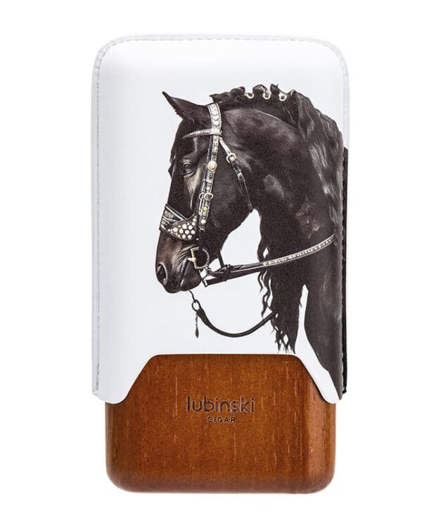 YJA-50032-06 Slim rectangular lighter with a black horse illustration on a white background and a wood-grain base, branded 'Lubinski Cigar'