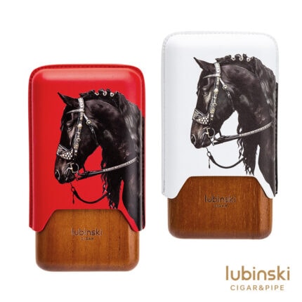 Two Lubinski cigar cases: red and white tops with a black horse head illustration, and a wooden base.