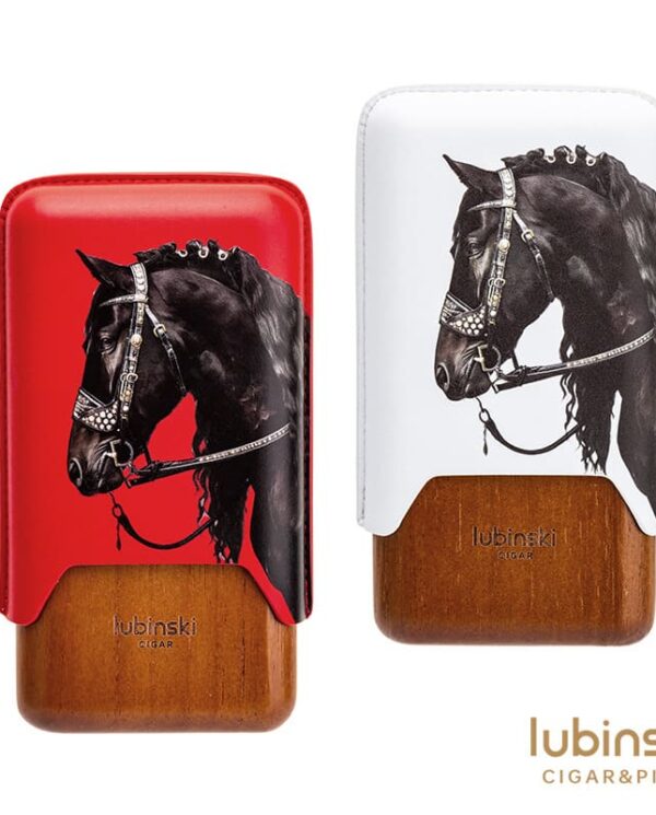 YJA-50032 Two Lubinski cigar cases: red and white tops with a black horse head illustration, and a wooden base.