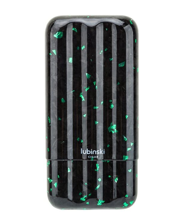 Lubinski Cigar lighter with black vertical stripes and green foil specks.