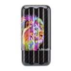 Compact black carbon-fiber lighter featuring a colorful geometric lion illustration on the front.