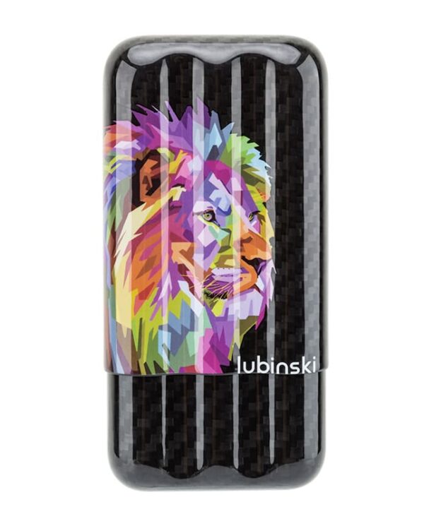 Compact black carbon-fiber lighter featuring a colorful geometric lion illustration on the front.
