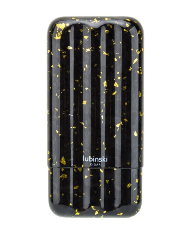 Black lacquer lighter with vertical stripes and gold flecks, branded 'Lubinski Cigar' on the front