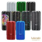 Collection of striped cigar tubes in assorted colors (red, blue, green, silver, black) with Lubinski branding