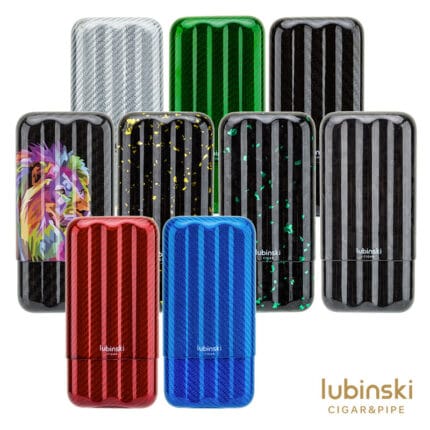 LUBINSKI carbon fiber cases for three cigars in assorted striped and forged finishes