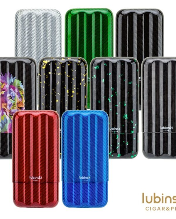 Collection of striped cigar tubes in assorted colors (red, blue, green, silver, black) with Lubinski branding