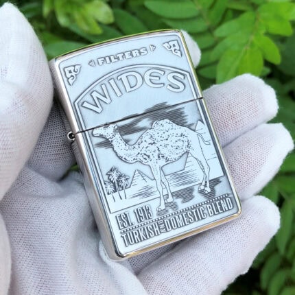 Camel Wides limited-edition sterling silver Zippo lighter – front view showing Camel Wides pack graphics, camel artwork, and Turkish-domestic blend lettering