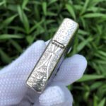 White Tara five-side sterling silver Zippo lighter – hinge-side close-up of the White Tara five-side engraving